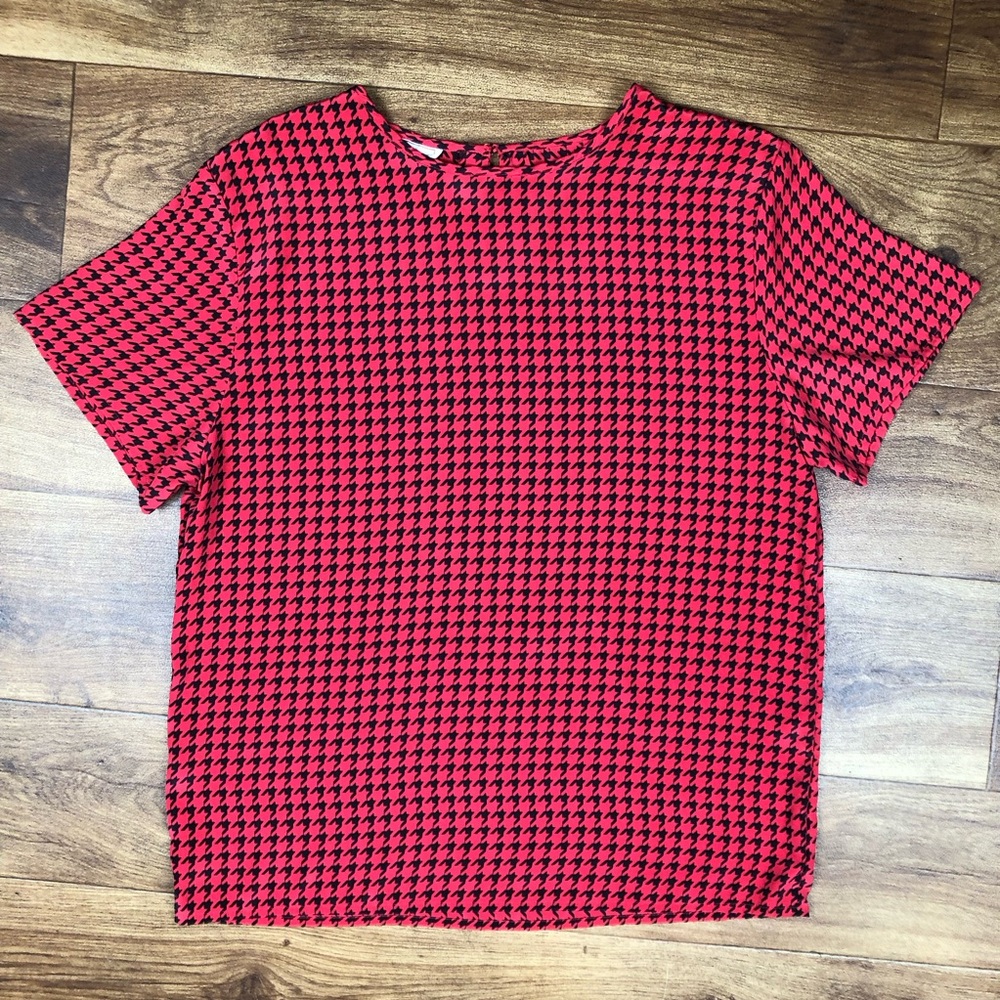 Vintage Penbrooke Lane Women Sz M Red Black Houndstooth Shirt